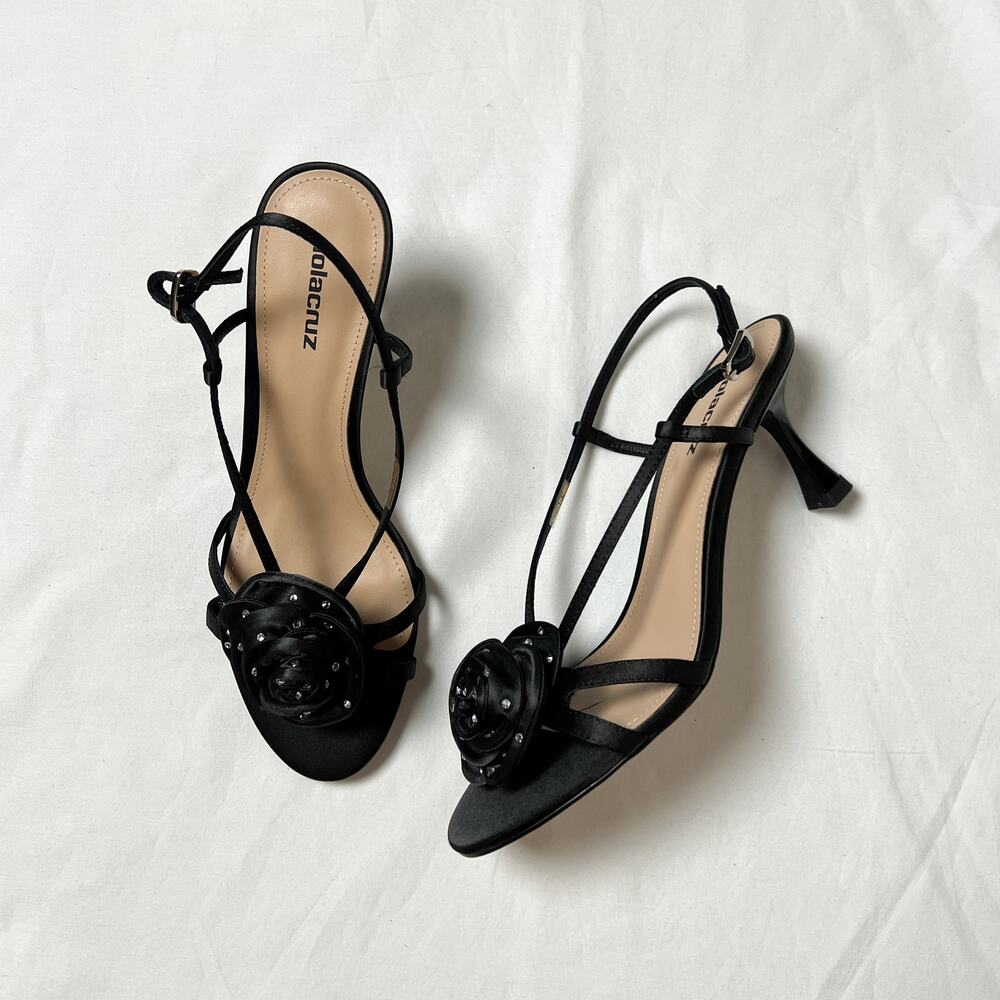 lola cruz black 3d gem flower satin crystal rose slingback kitten heels sandals